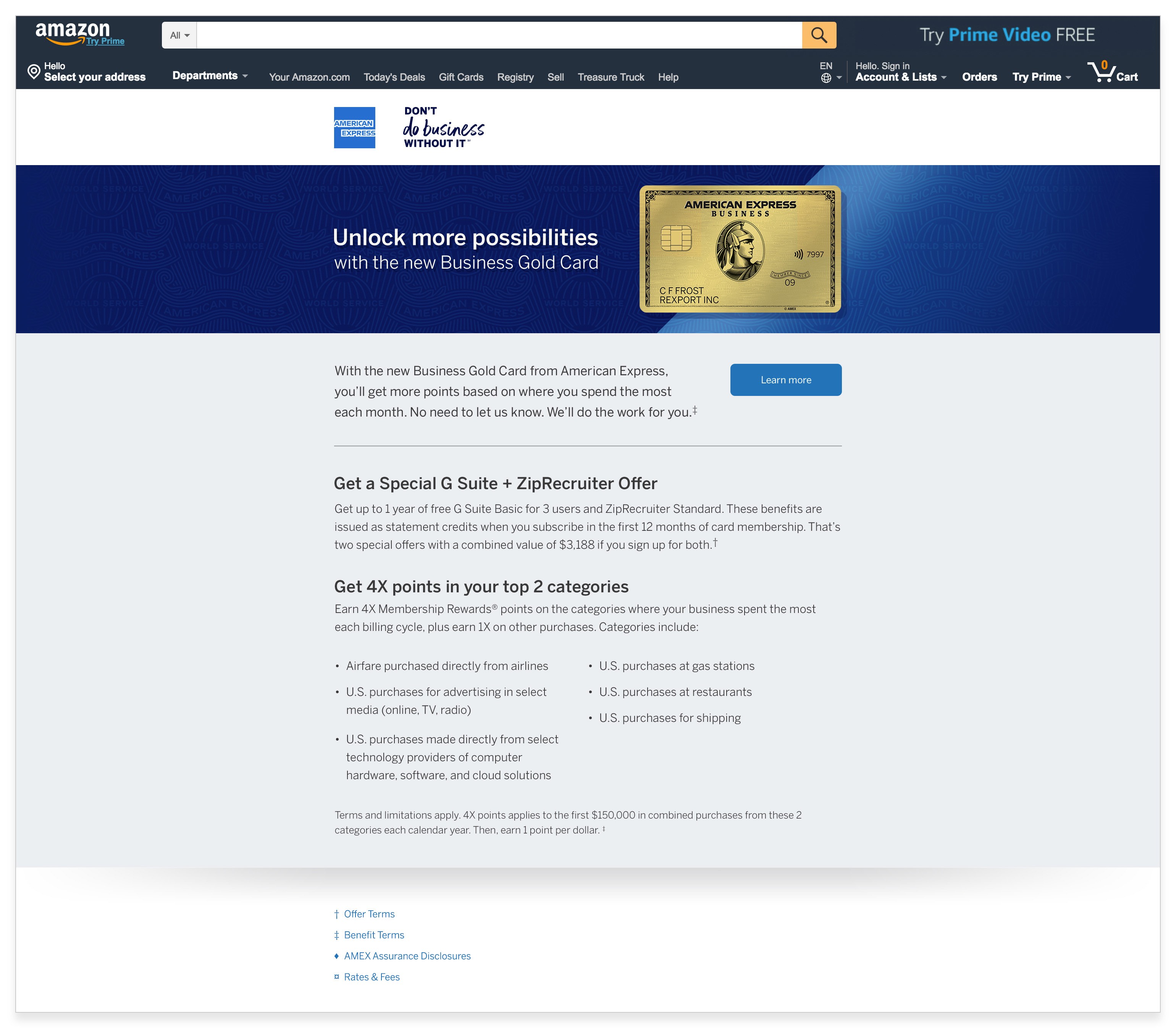 Amex Gold landing page
