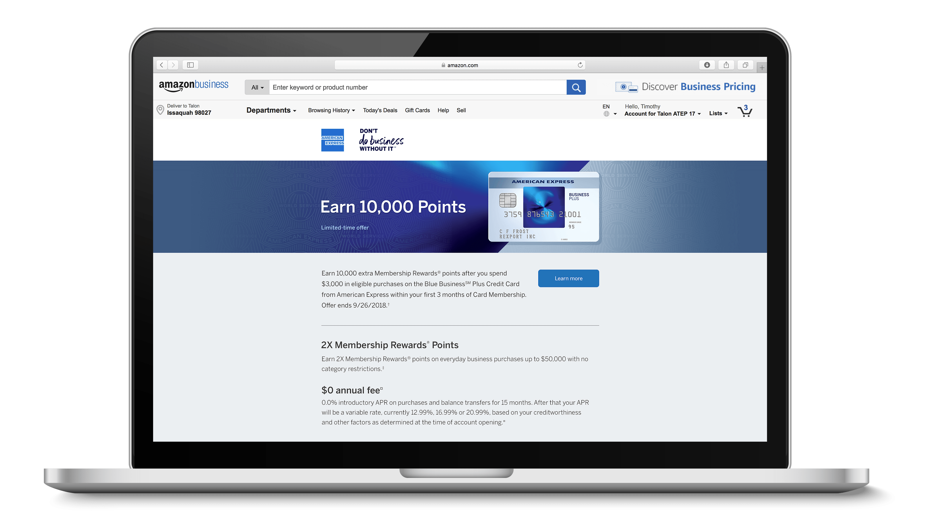 American Express Amazon Business on laptop