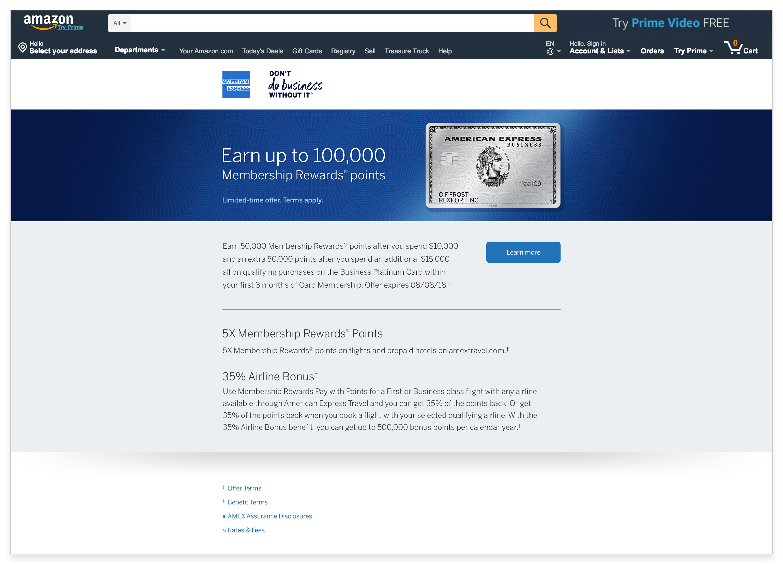 Amex Platinum landing page