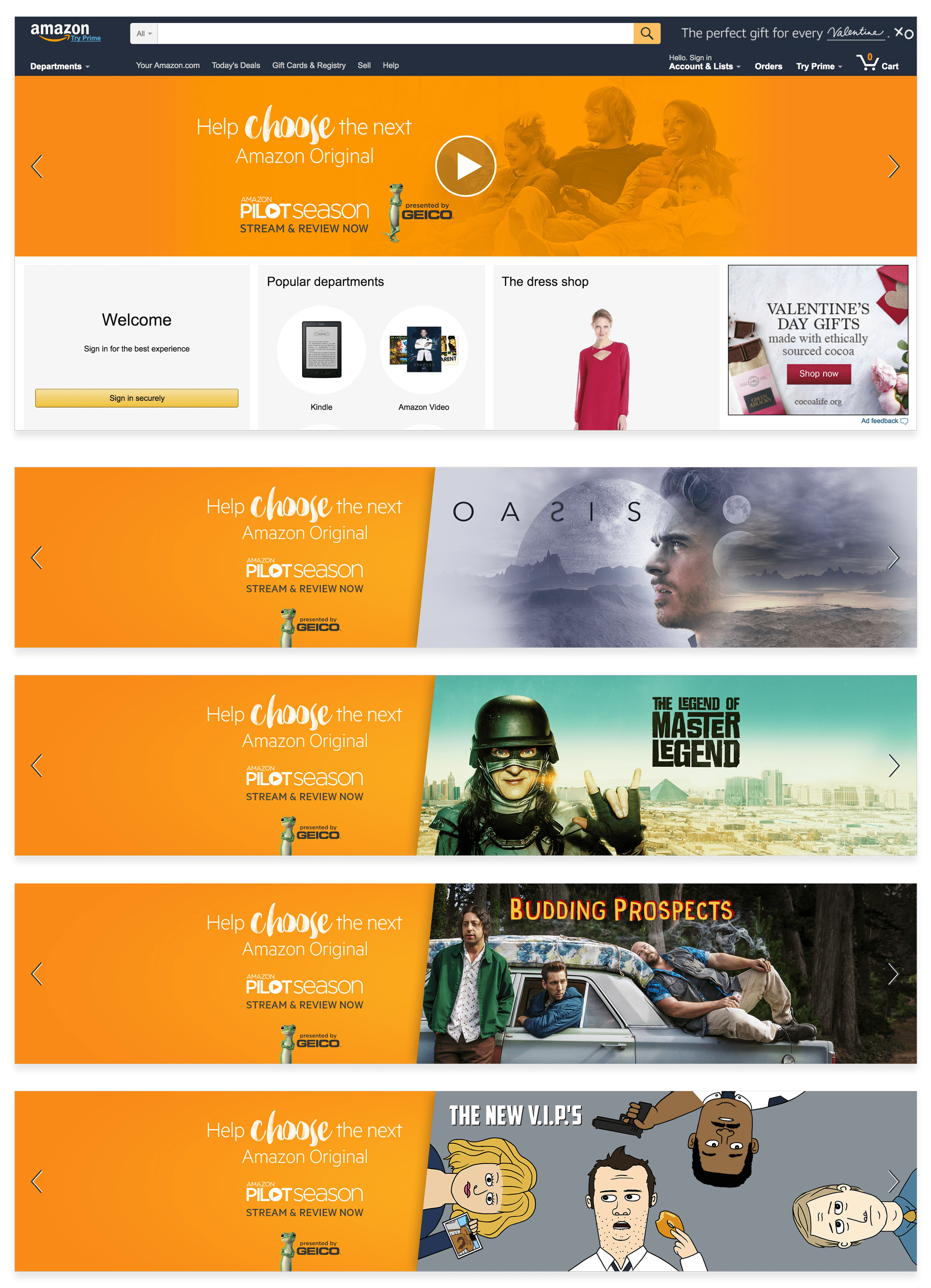 GEICO Pilot Season Amazon homepage hero units