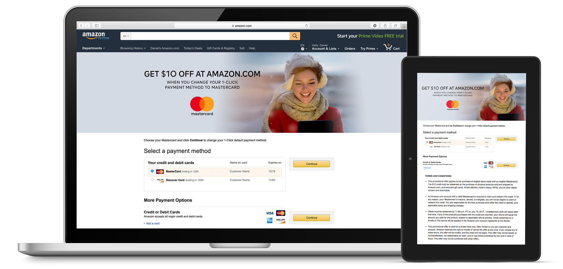 Mastercard 1-Click campaign on laptop and tablet