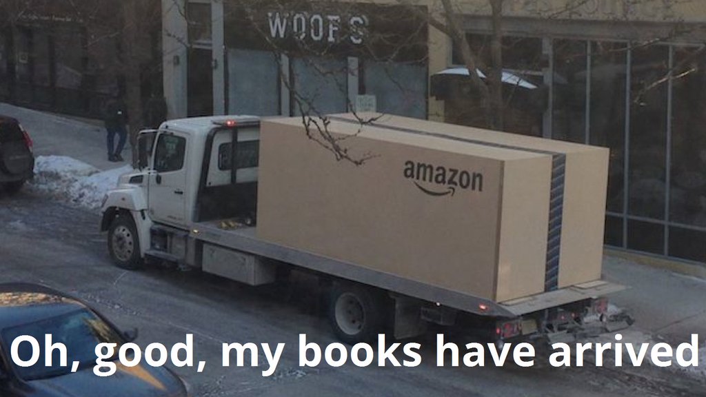 My books have arrived meme - Nissan Versa in giant Amazon box