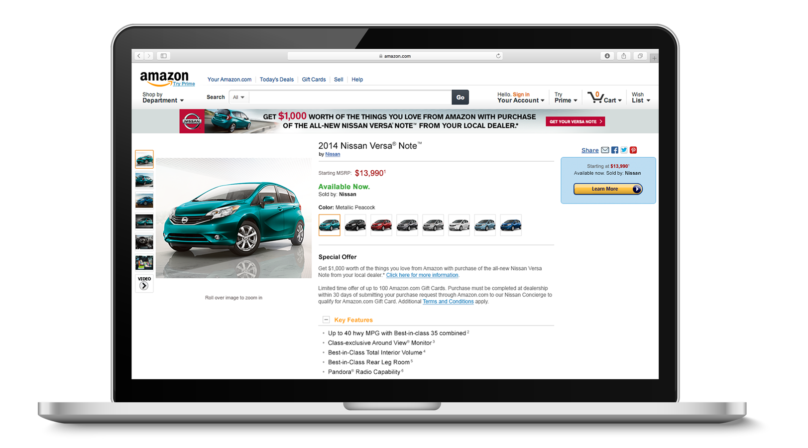 Nissan Versa Note detail page on laptop