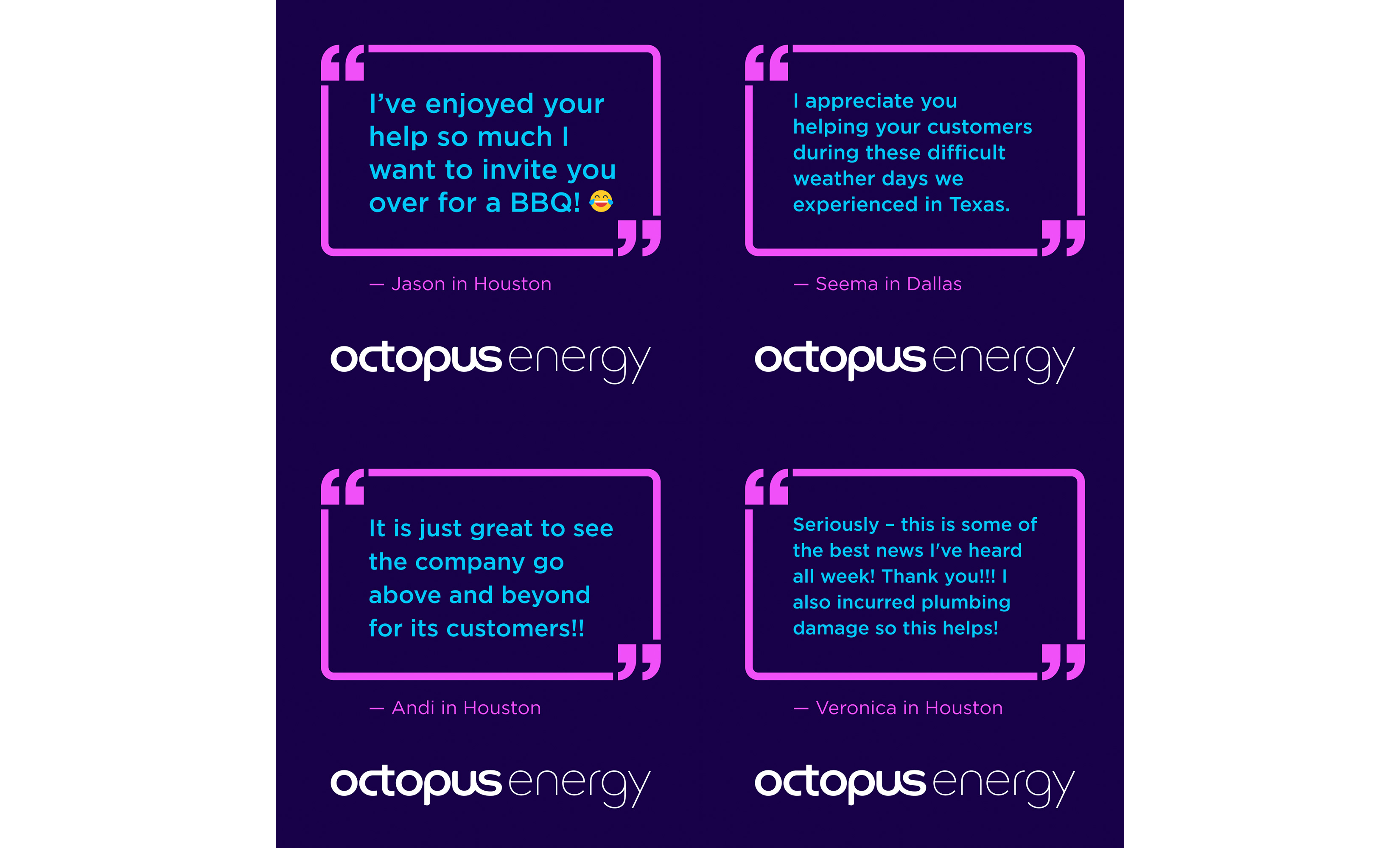 Octopus Energy customer testimonials from Texas winter storm